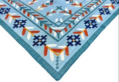 Tappeto a tessitura piatta in lana fatto a mano, 9x12 Blu, Crema, Rosso Foglia Indiano Dhurrie