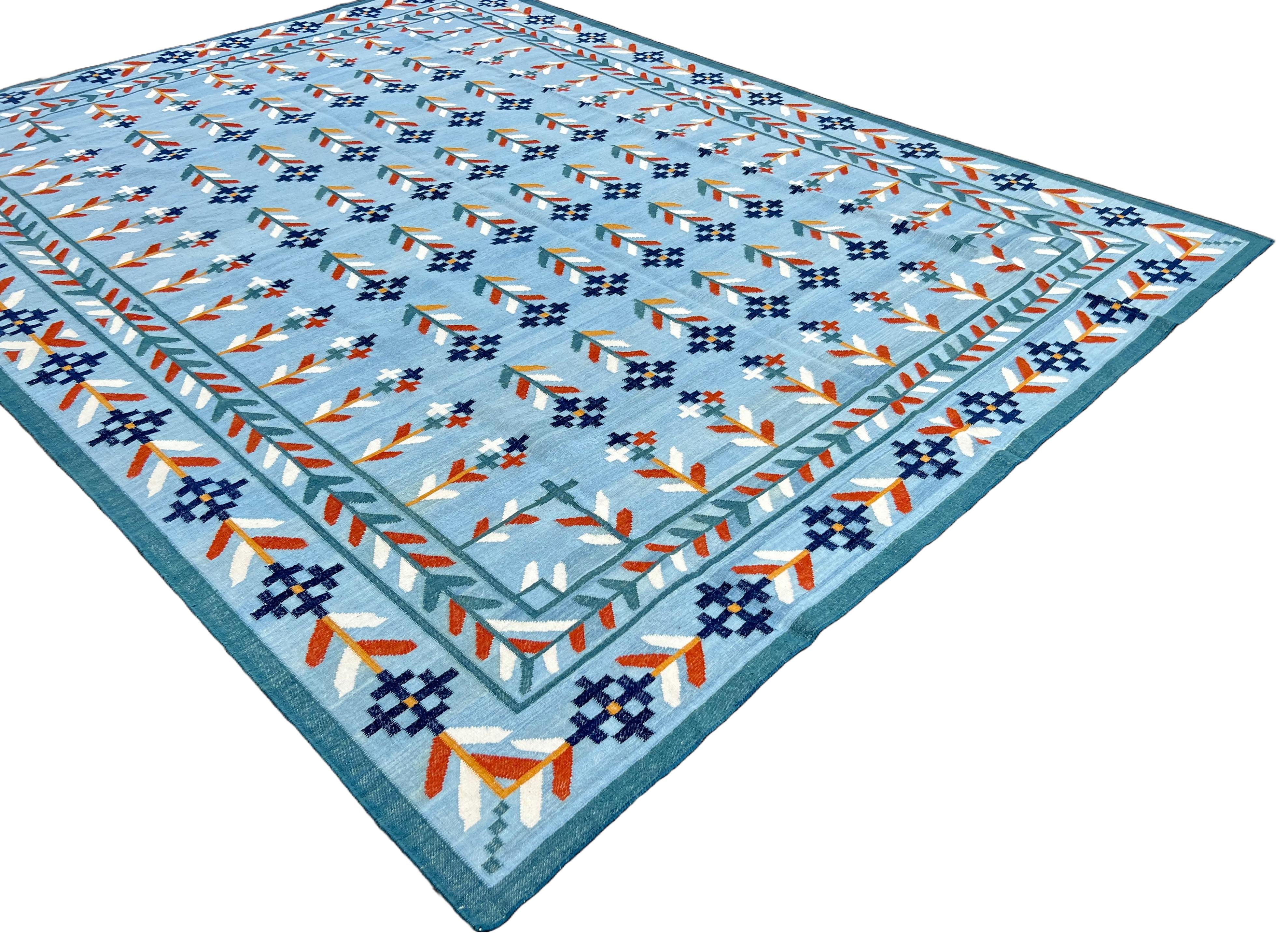 Mid-Century Modern Handmade Woolen Area Flat Weave Rug, 9x12 Blue, Cream, Red Leaf Indian Dhurrie For Sale