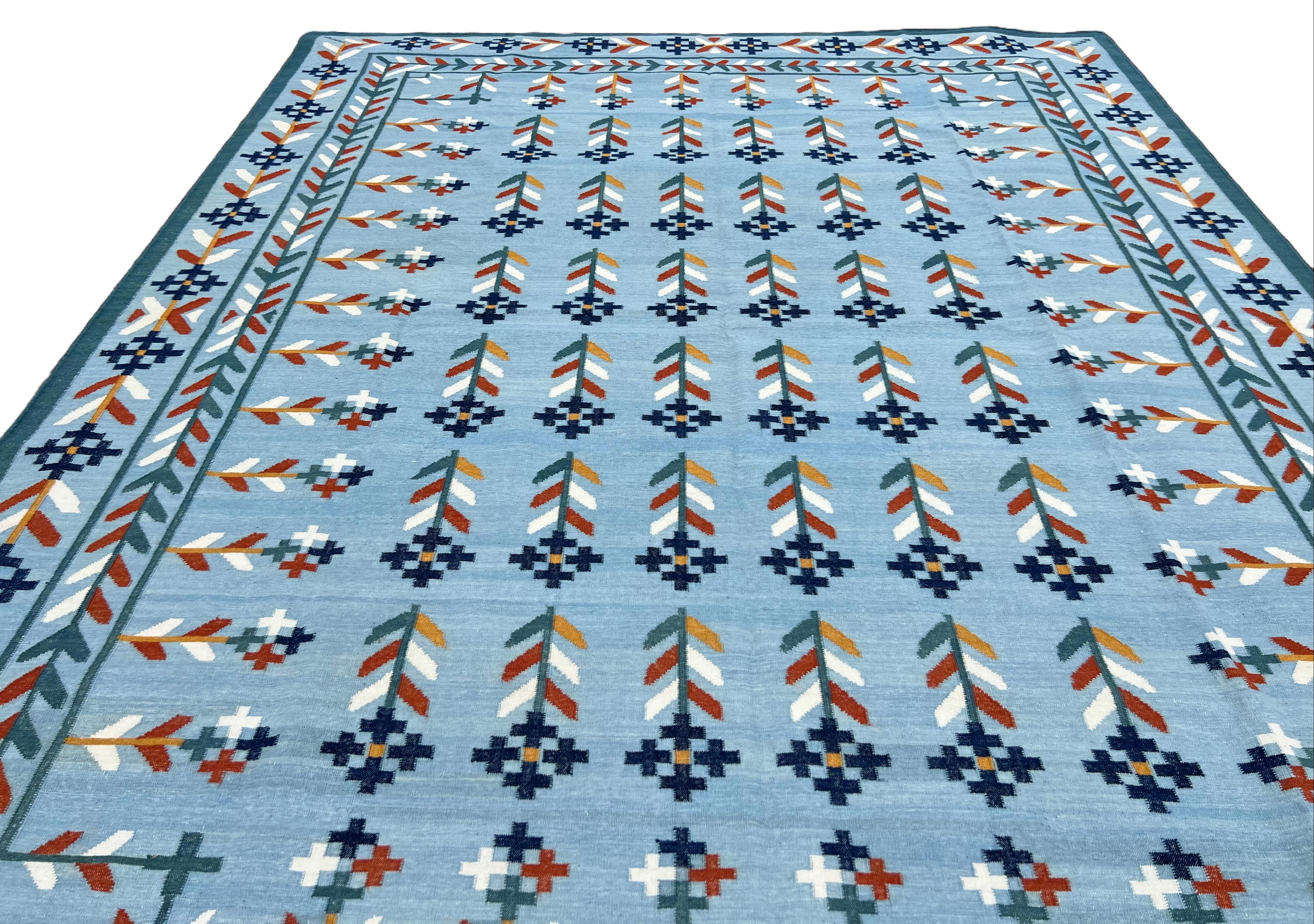 Contemporary Handmade Woolen Area Flat Weave Rug, 9x12 Blue, Cream, Red Leaf Indian Dhurrie For Sale