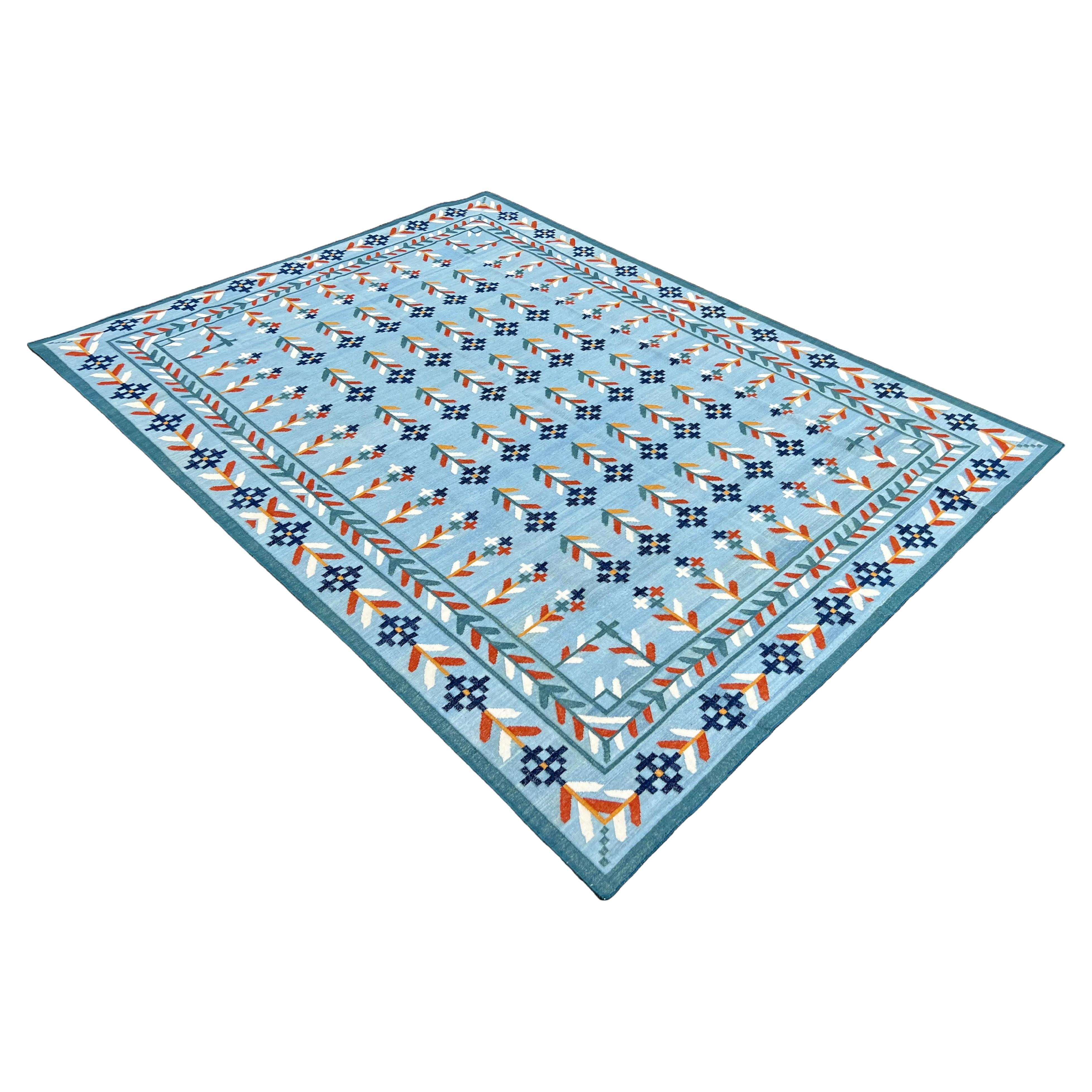 Handmade Woolen Area Flat Weave Rug, 9x12 Blue, Cream, Red Leaf Indian Dhurrie For Sale