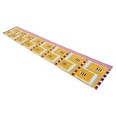 Runner a tessitura piatta in lana fatto a mano, 2x11 Senape Geometrico Indiano Dhurrie