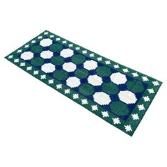 Runner a tessitura piatta in lana fatto a mano, 4x10 Blue and Green Tile Indian Dhurrie