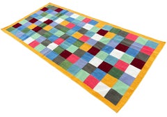 Handmade Woolen Area Flat Weave Runner, 4x8 Yellow, Blue Checked Indian Dhurrie