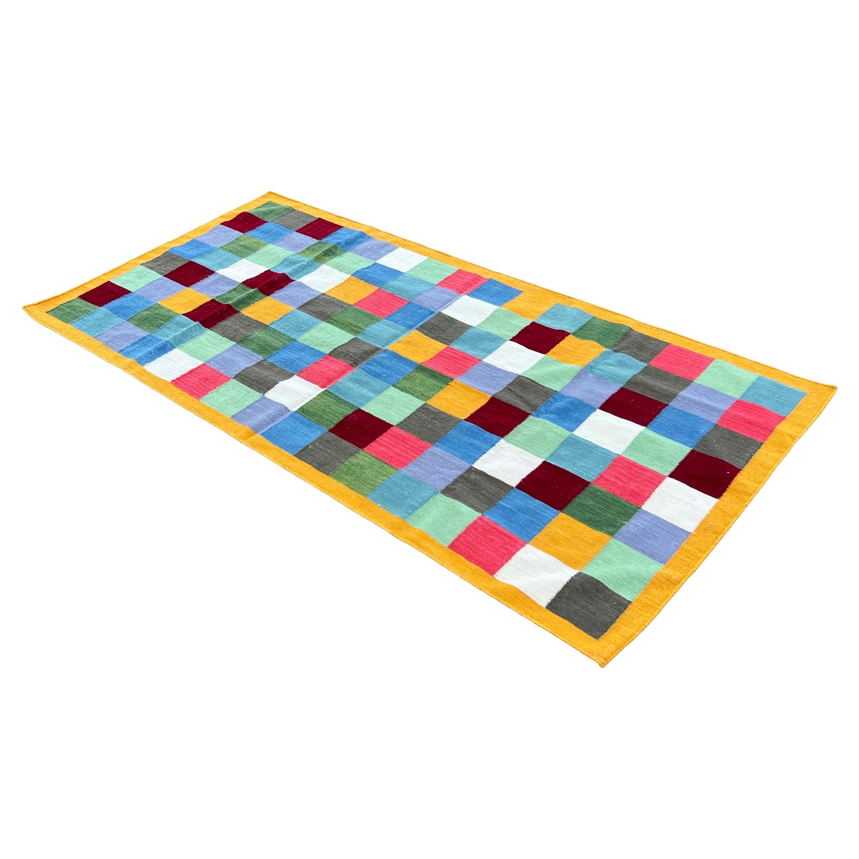 Handmade Woolen Area Flat Weave Runner, 4x8 Yellow, Blue Checked Indian Dhurrie For Sale