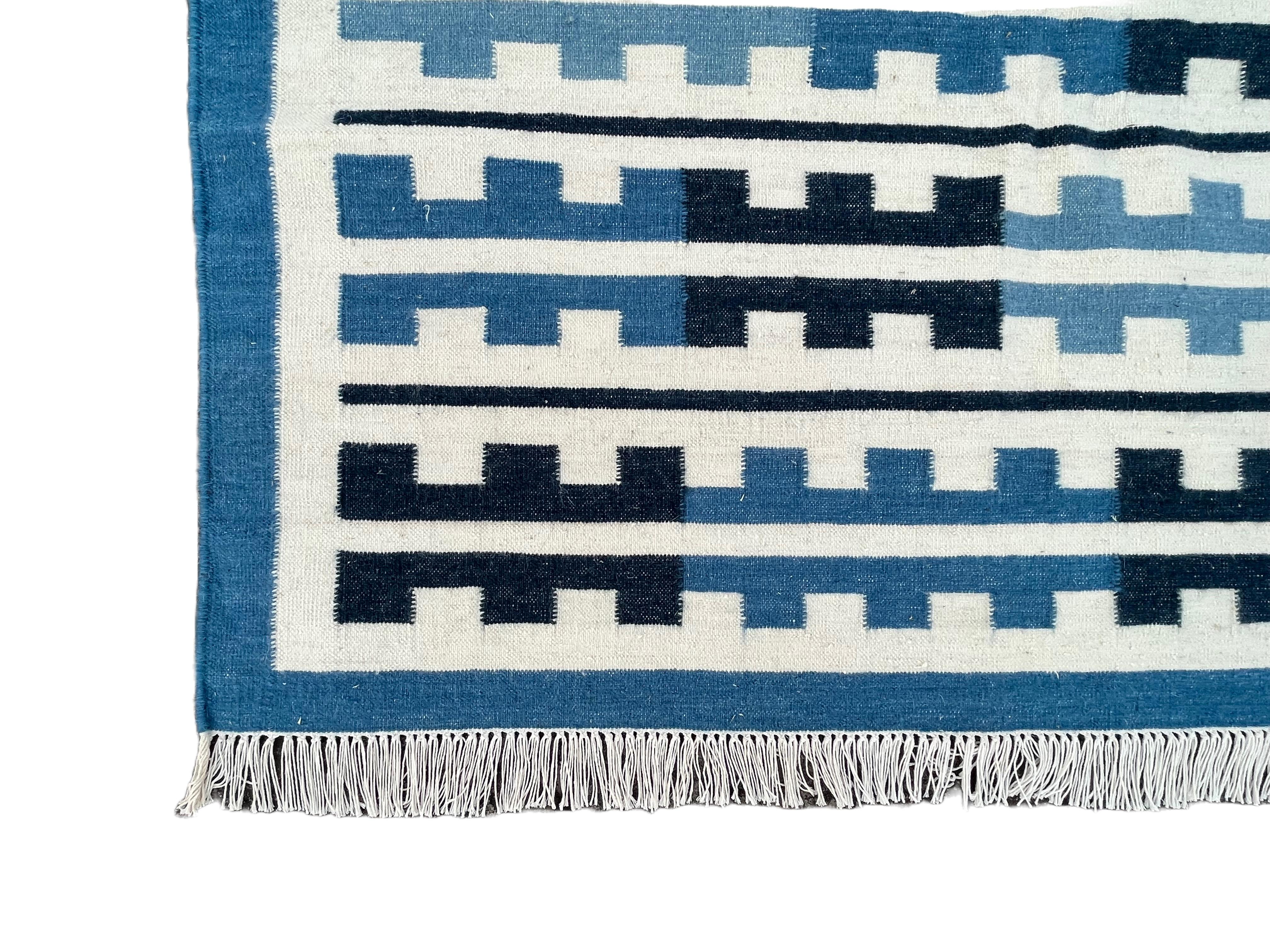 Handmade Woolen Area Flat Weave Runner, Blue & White Striped Indian Dhurrie Rug For Sale 4