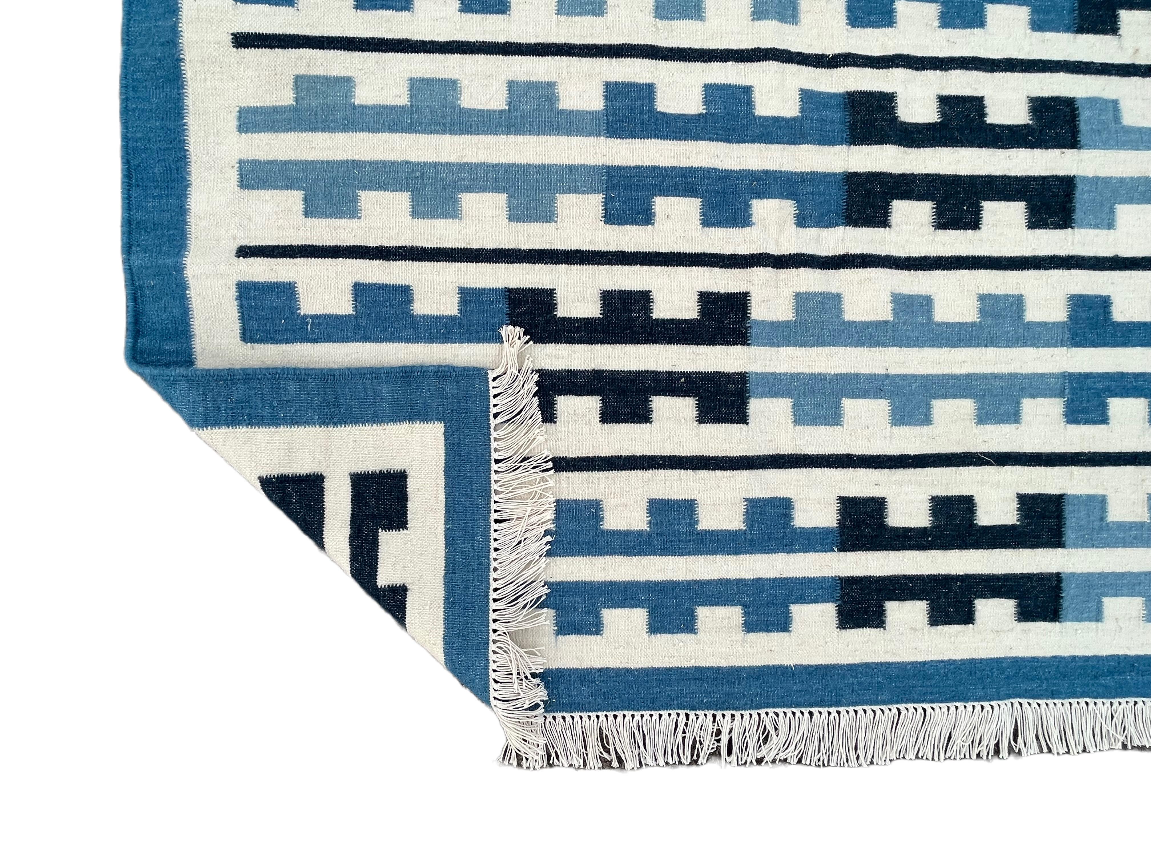 Handmade Woolen Area Flat Weave Runner, Blue & White Striped Indian Dhurrie Rug For Sale 5