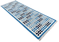 Handmade Woolen Area Flat Weave Runner, Blue & White Striped Indian Dhurrie Rug