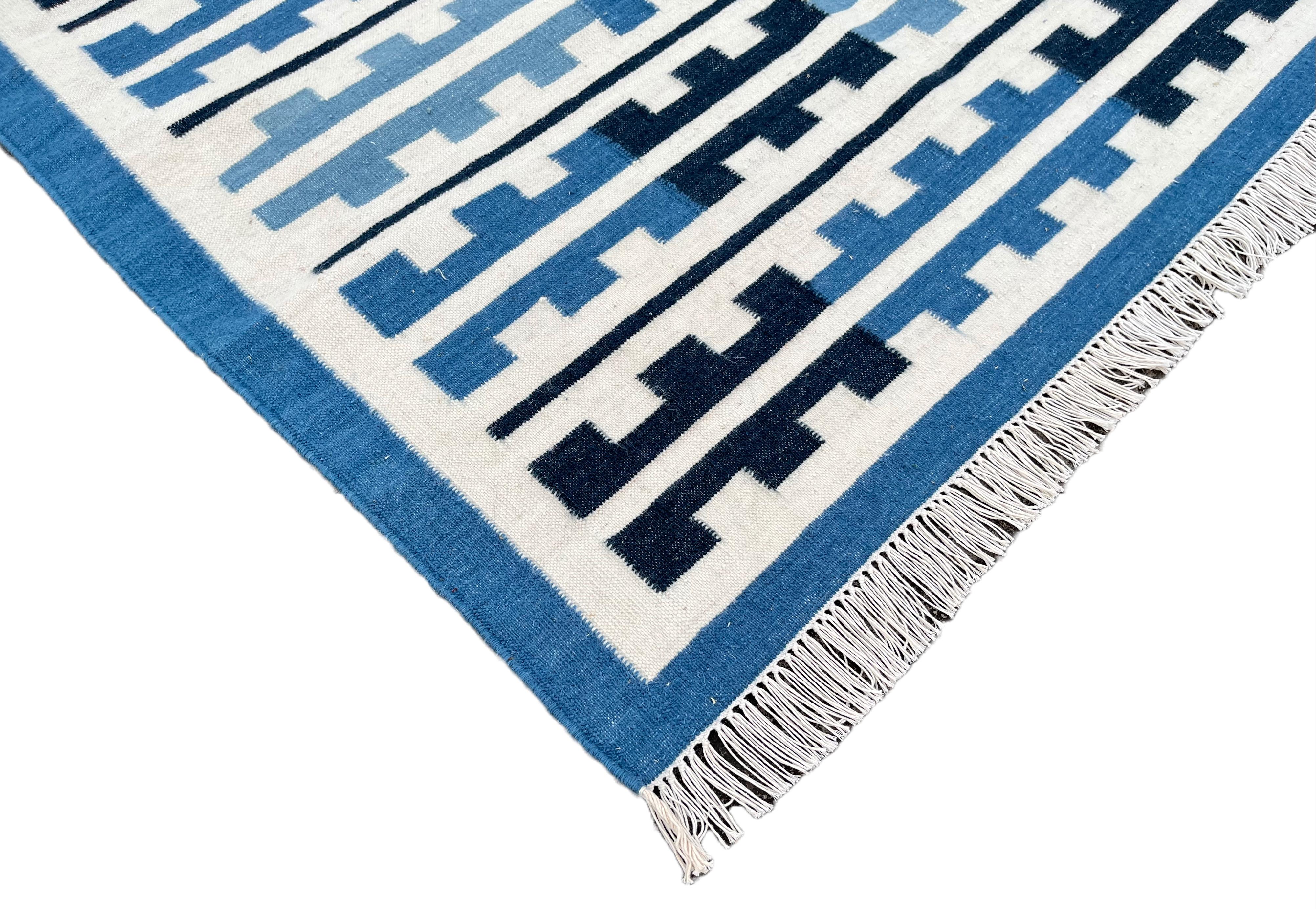 Mid-Century Modern Handmade Woolen Area Flat Weave Runner, Blue & White Striped Indian Dhurrie Rug For Sale