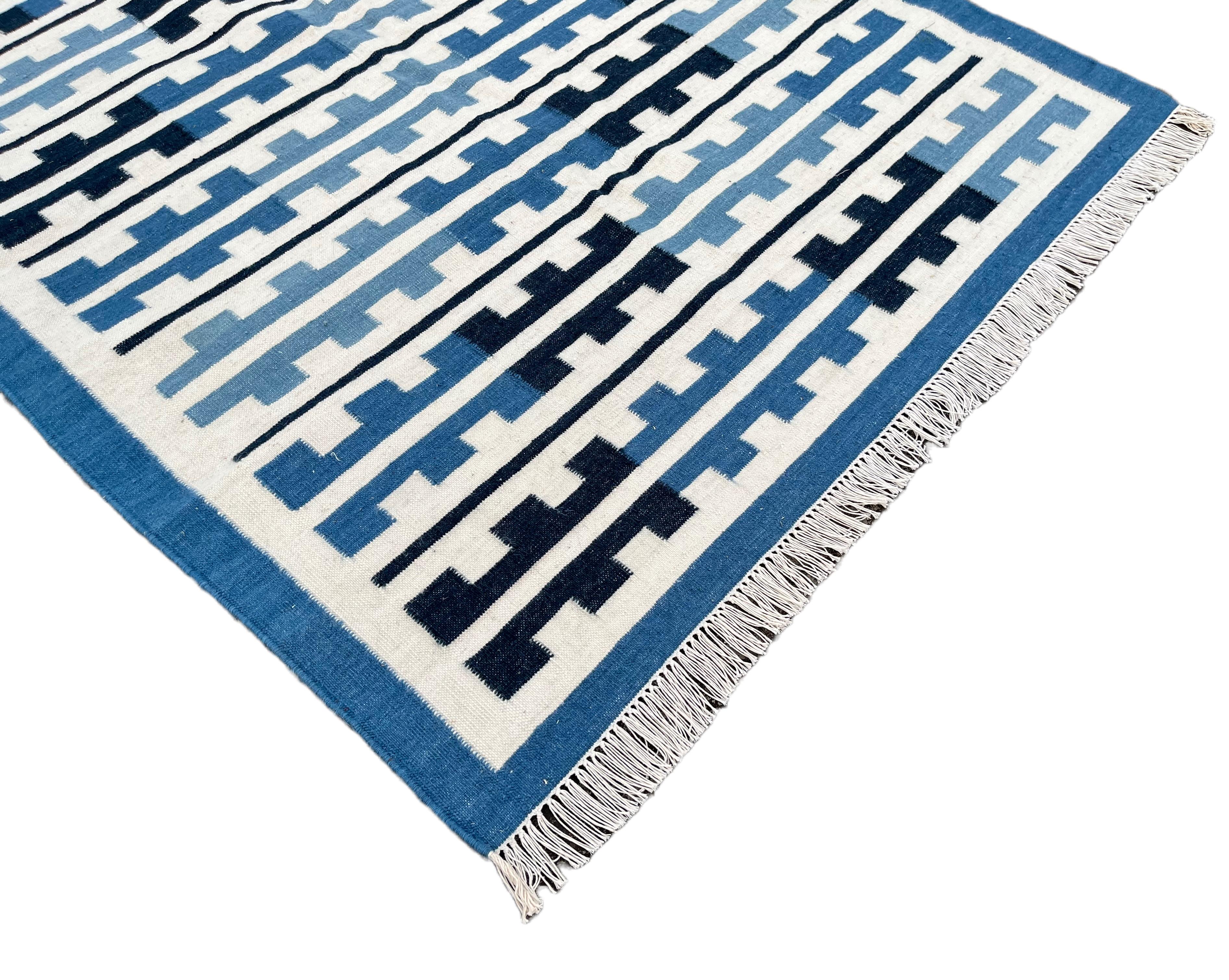Hand-Woven Handmade Woolen Area Flat Weave Runner, Blue & White Striped Indian Dhurrie Rug For Sale