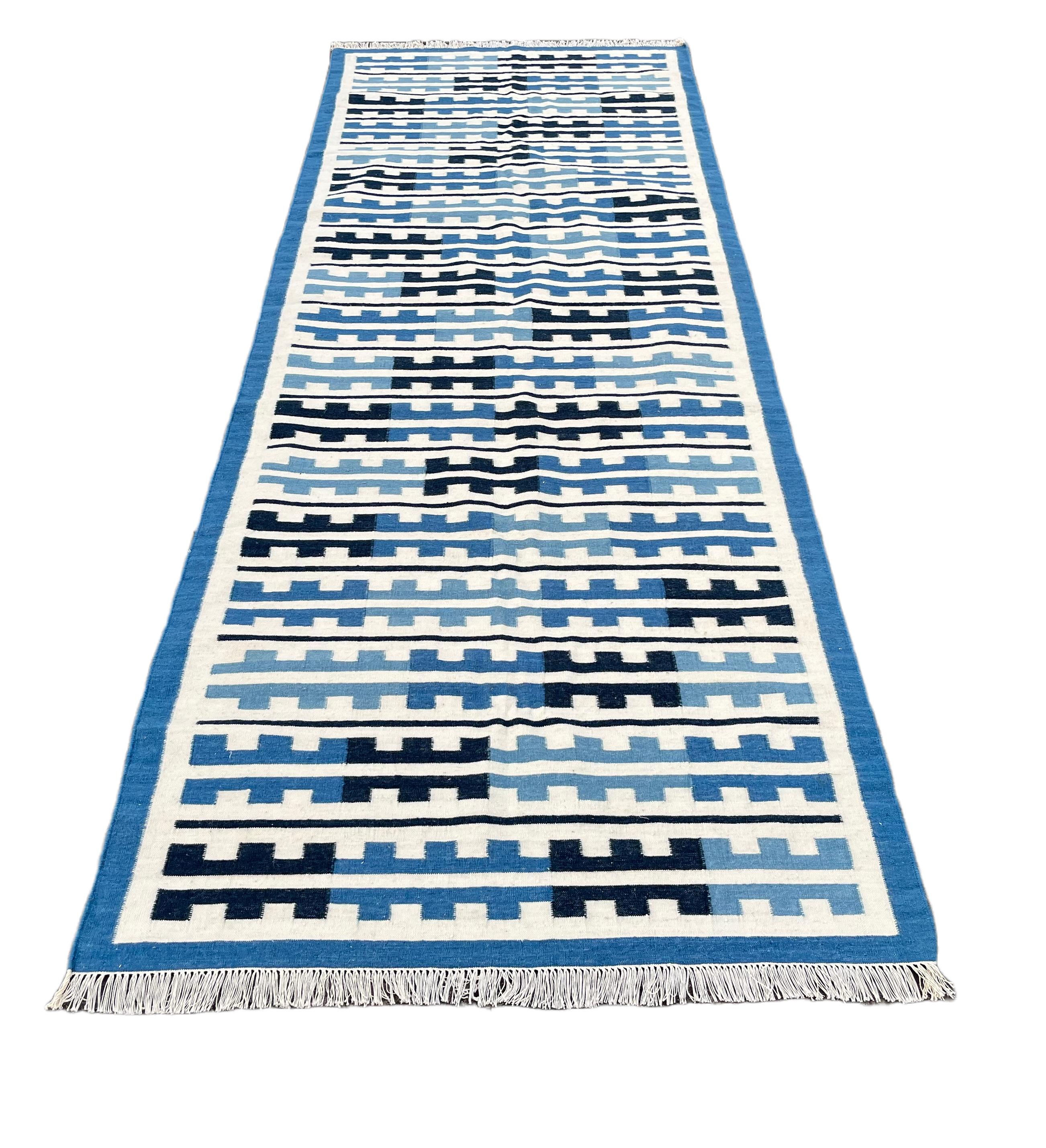 Contemporary Handmade Woolen Area Flat Weave Runner, Blue & White Striped Indian Dhurrie Rug For Sale