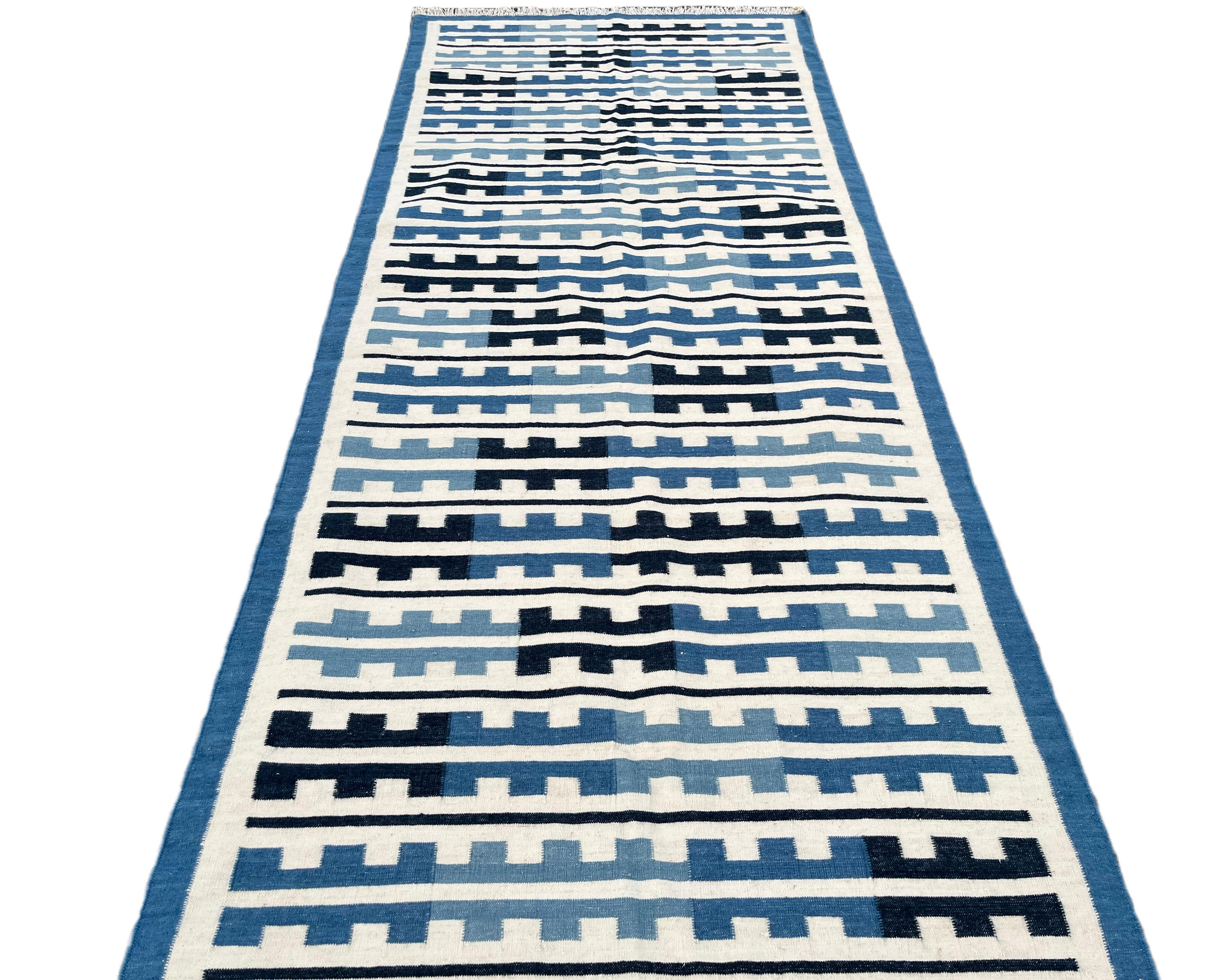 Handmade Woolen Area Flat Weave Runner, Blue & White Striped Indian Dhurrie Rug For Sale 1