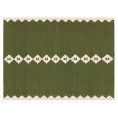 Tapis en laine tissé à plat et fabriqué à la main, 4 x 6, vert olive et blanc, motif en losanges, dhurrie indien