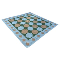 Handmade Woolen Flat Weave Rug, 7x7.5 Blue, Beige And Green Swedish Tile Dhurrie