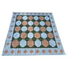 Handmade Woolen Flat Weave Rug, 7x7.5 Blue, Beige And Green Swedish Tile Dhurrie