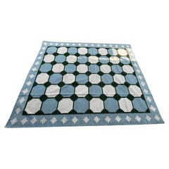 Tapis en laine tissé à plat, 8x10 Bleu et vert tuiles suédoises indiennes Dhurrie