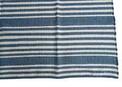 Handmade Woolen Flat Weave Rug, 8'x8' Sky Blue And White Thick Striped Wool Rug