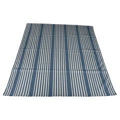 Alfombra de lana tejida a mano con tejido plano, de 8'x8', con rayas gruesas en azul cielo y blanco