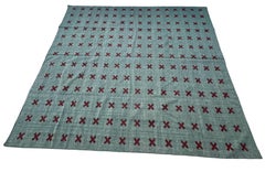 Handmade Woolen Flat Weave Rug 9x10 Turquoise, Burgundy Cross Pattern Indian Rug