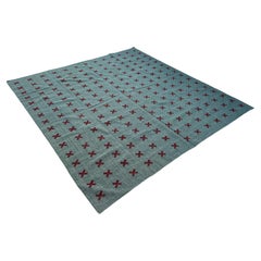 Handmade Woolen Flat Weave Rug 9x10 Turquoise, Burgundy Cross Pattern Indian Rug