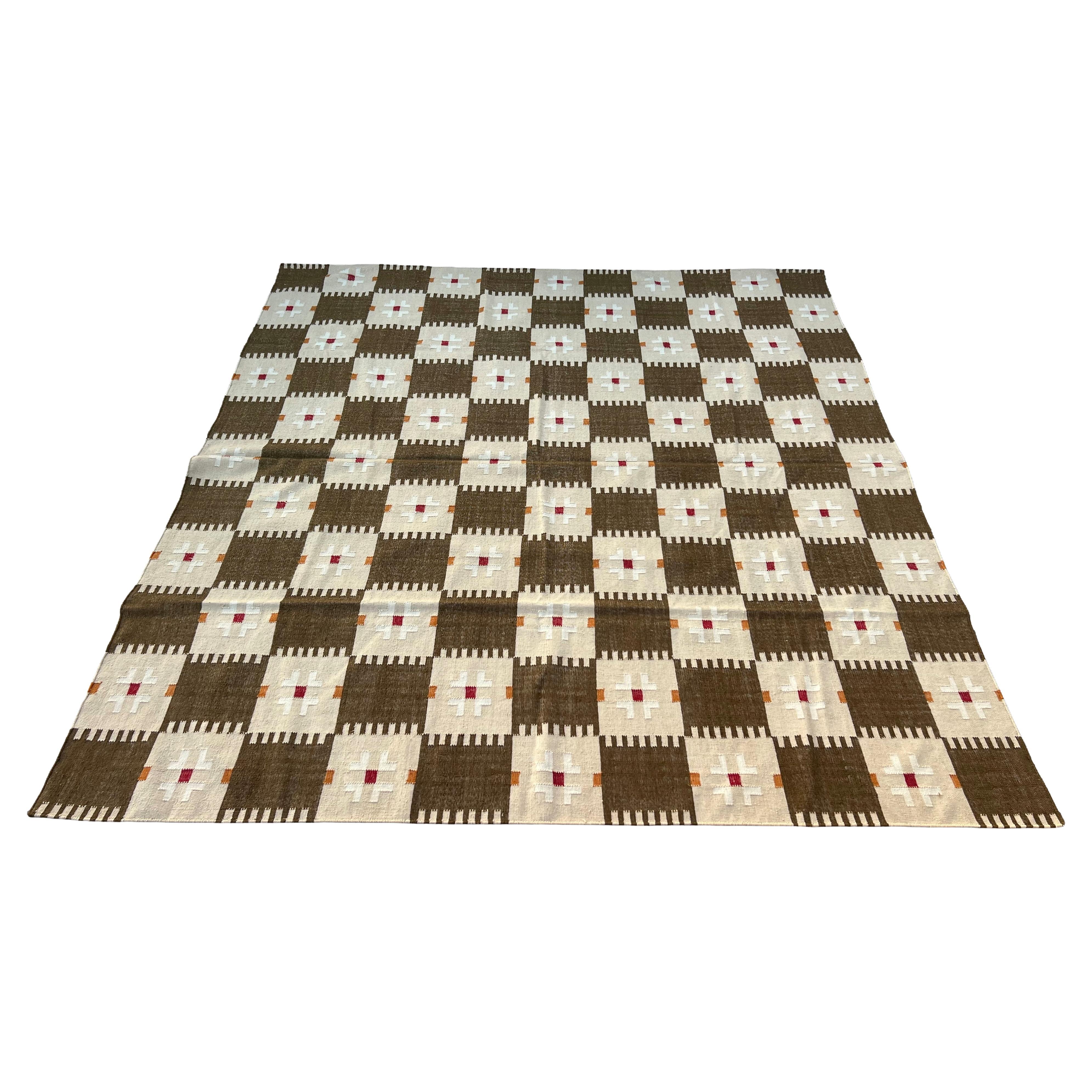 Handmade Woolen Flat Weave Rug, 9x9 Brown, Cream, Red Geometric Indian Dhurrie