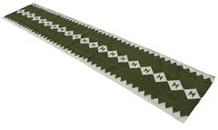 Handgefertigter Flachgewebe-Läufer aus Wolle, 2x9 Olivgrün Weiß Diamant Indischer Dhurrie