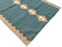 Handmade Woolen Flat Weave Runner, 3x10 Turquoise, Beige Diamond Indian Dhurrie