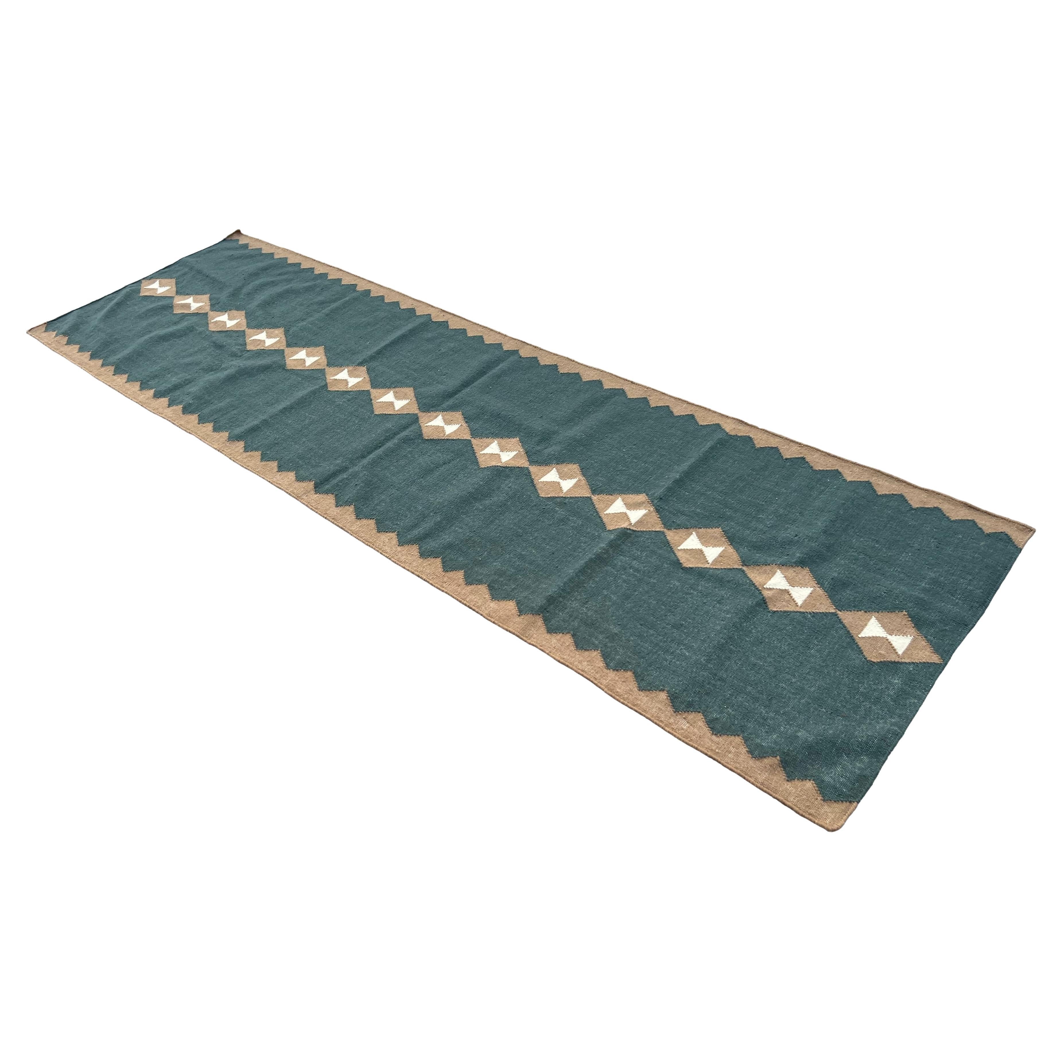 Handgemachte Wolle Flachgewebe Läufer, 3x10 Türkis, Beige Diamant Indische Dhurrie