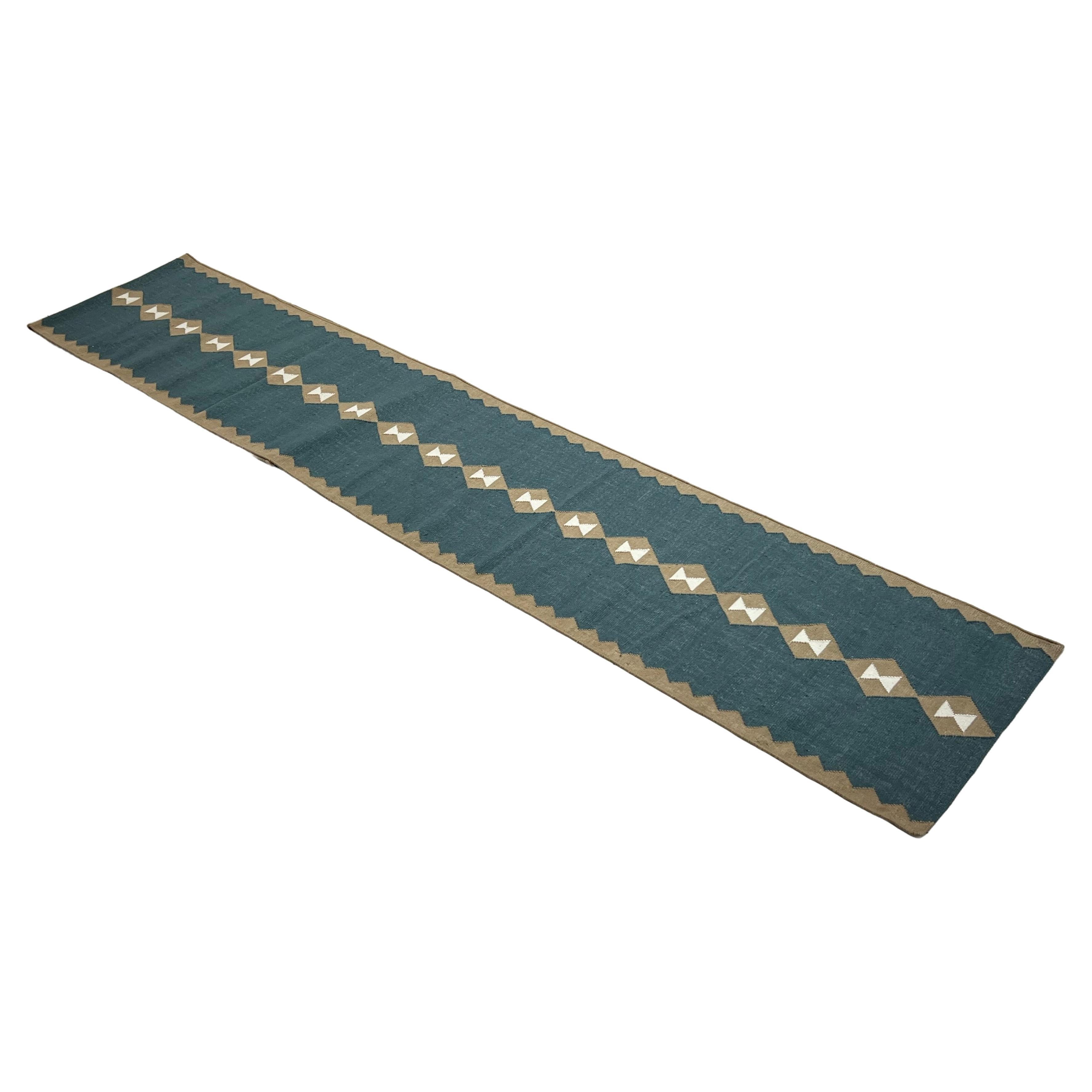 Handgemachte Wolle Flachgewebe Läufer, 3x12 Türkis, Beige Diamond Indian Dhurrie im Angebot