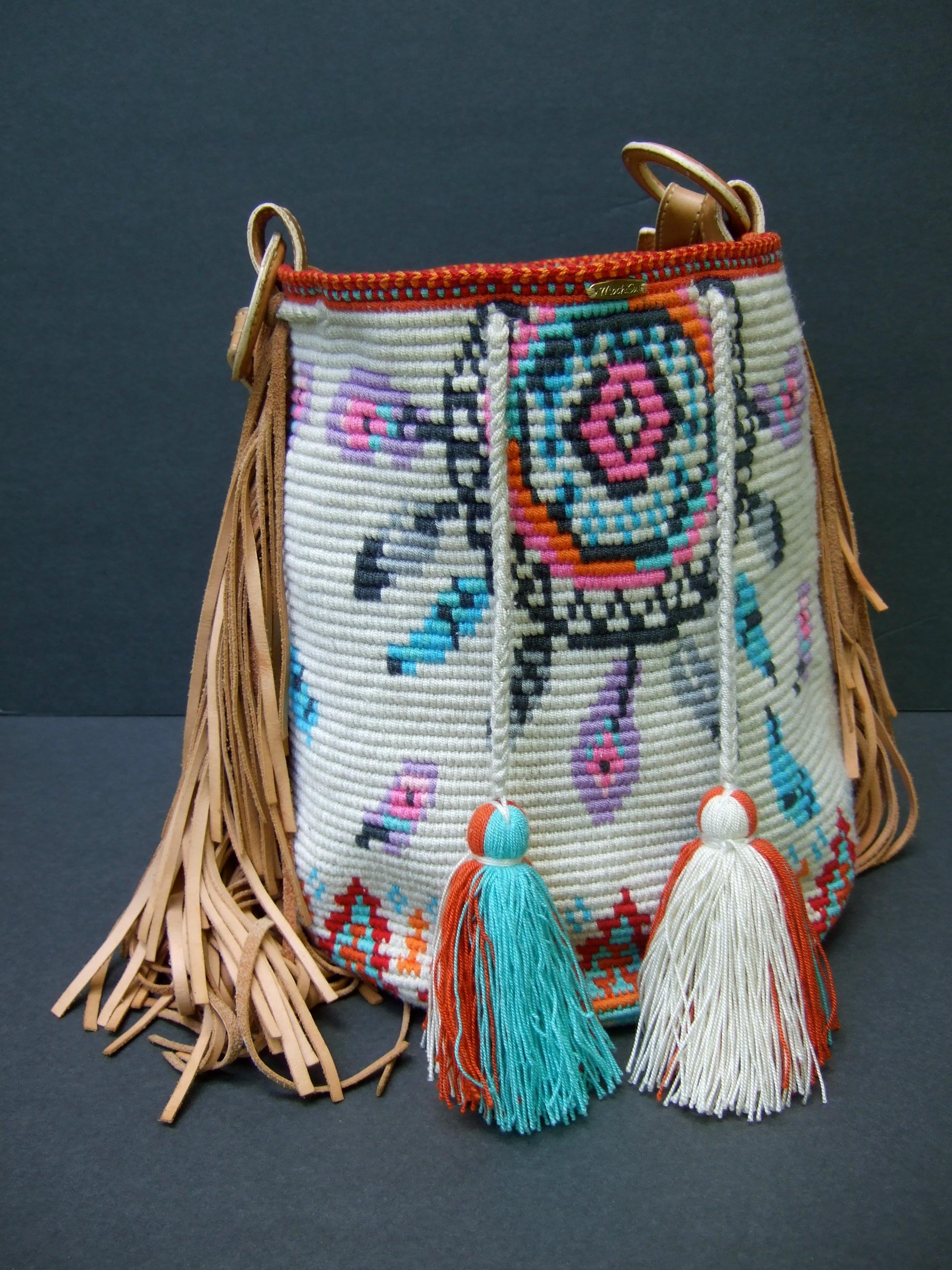  Handmade Woven Wool Knit Artisan Bucket Shoulder Bag c 1990s For Sale 4