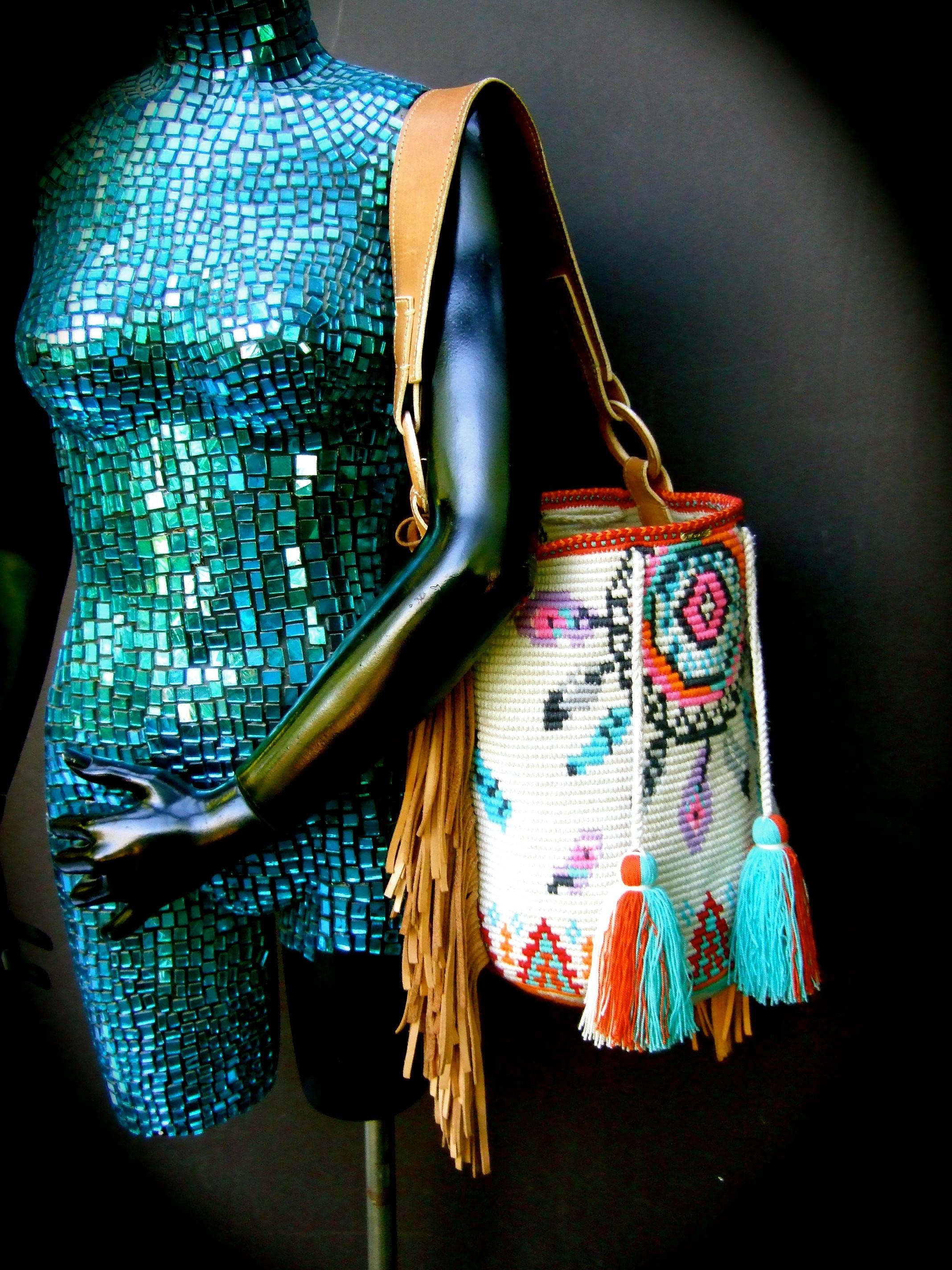  Handmade Woven Wool Knit Artisan Bucket Shoulder Bag c 1990s For Sale 8