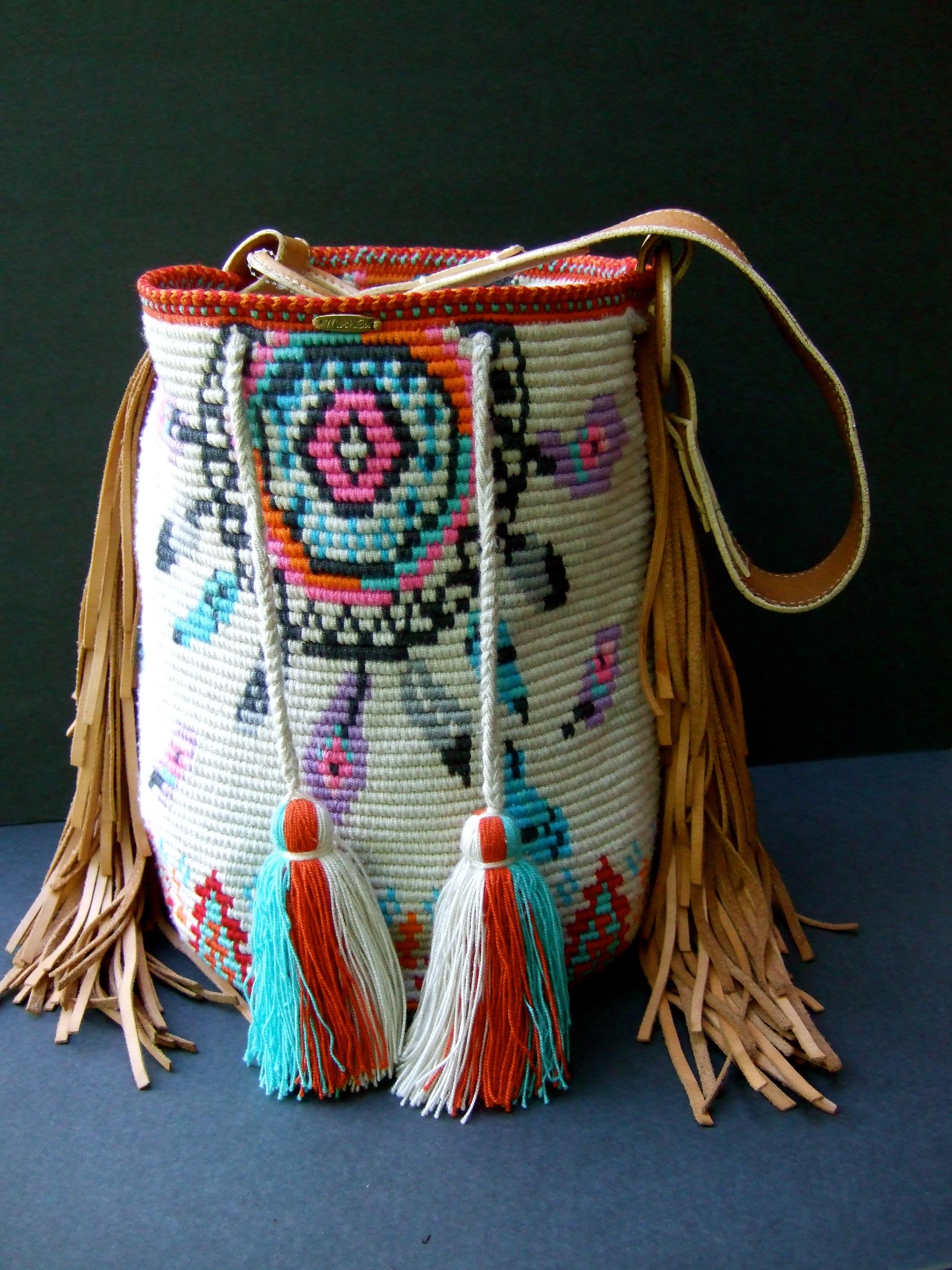 Handmade Woven Wool Knit Artisan Bucket Shoulder Bag c 1990s For Sale 1