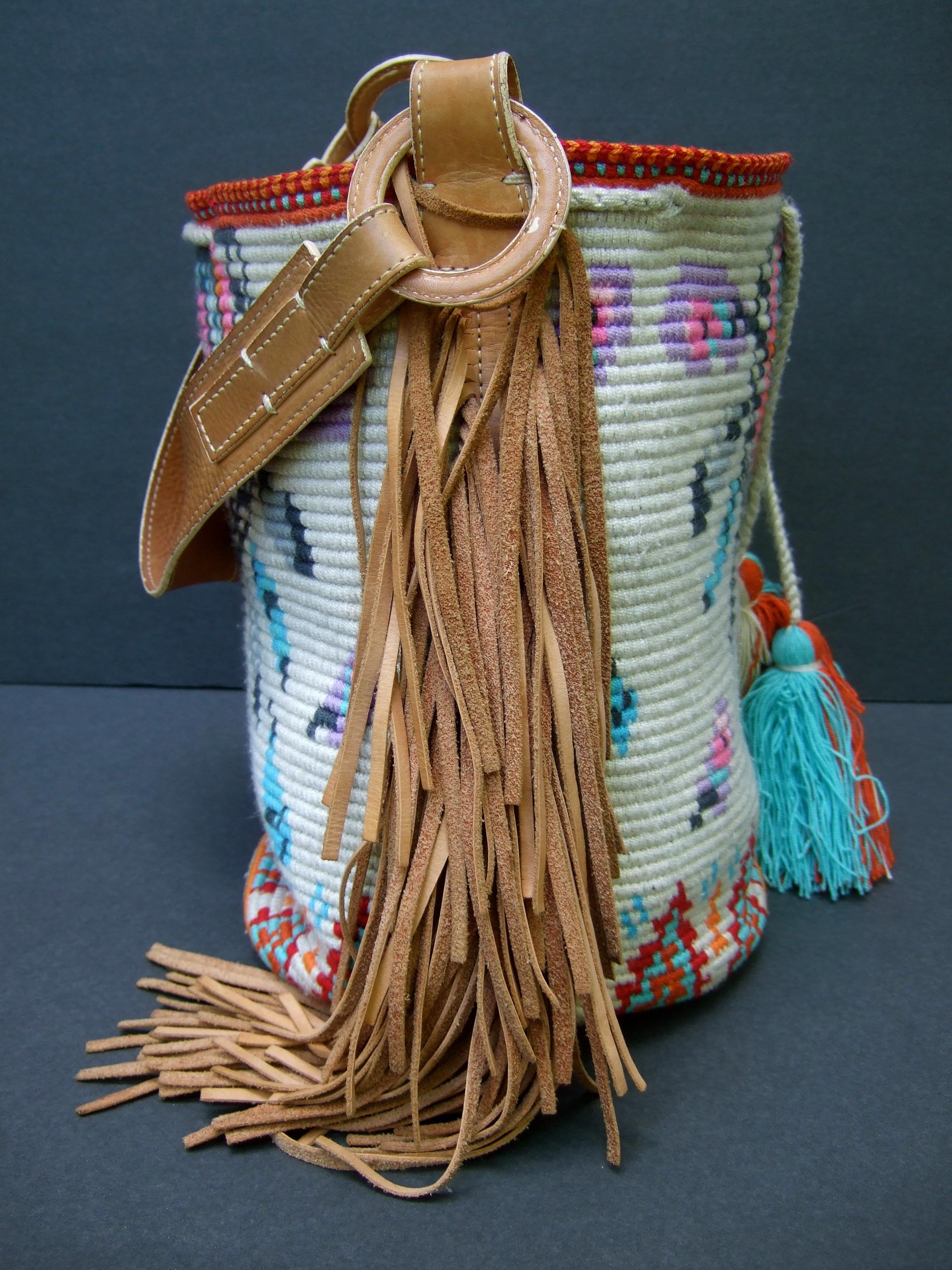  Handmade Woven Wool Knit Artisan Bucket Shoulder Bag c 1990s For Sale 5