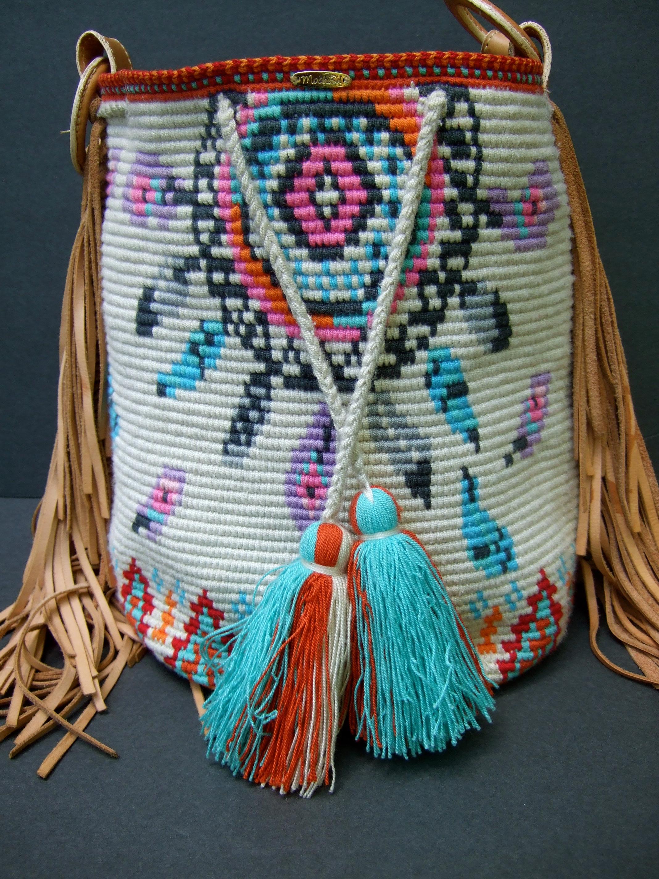 Women's  Handmade Woven Wool Knit Artisan Bucket Shoulder Bag c 1990s For Sale