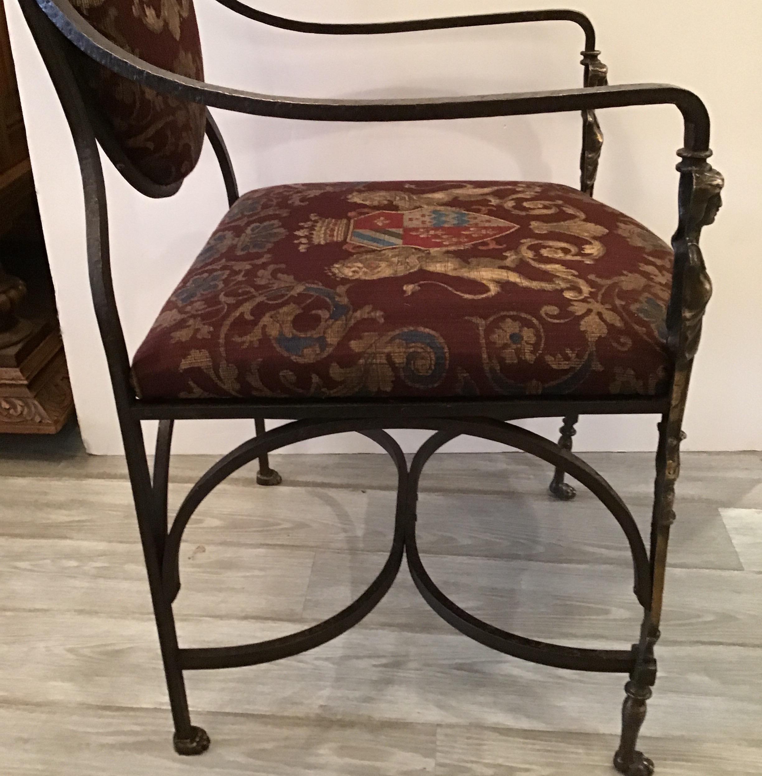 Handmade Wrought Iron & Burnished Brass Throne Chair with Armorial Fabric, 1890s For Sale 5