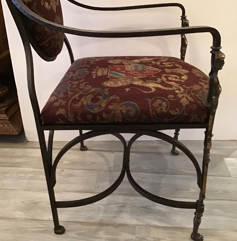 Handmade Wrought Iron and Burnished Brass Throne Chair with Armorial