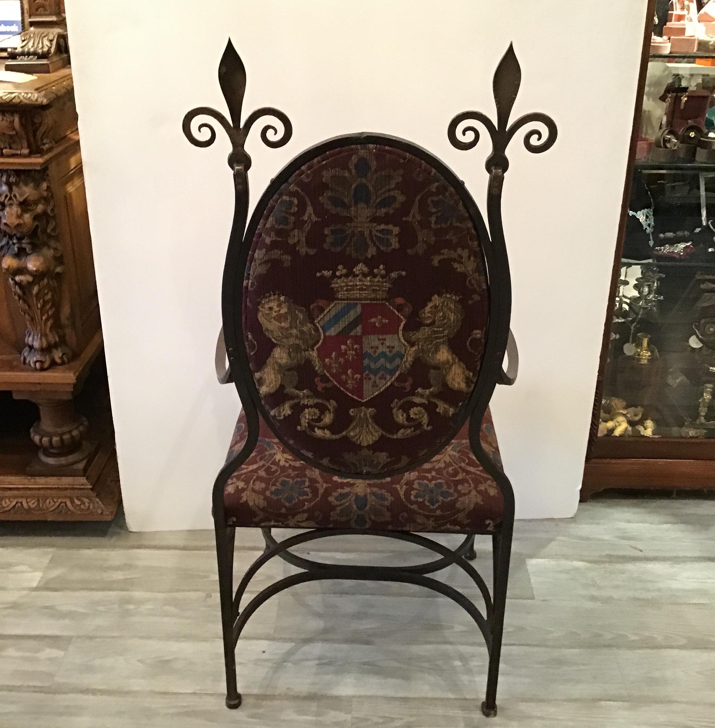 Handmade Wrought Iron & Burnished Brass Throne Chair with Armorial Fabric, 1890s For Sale 9