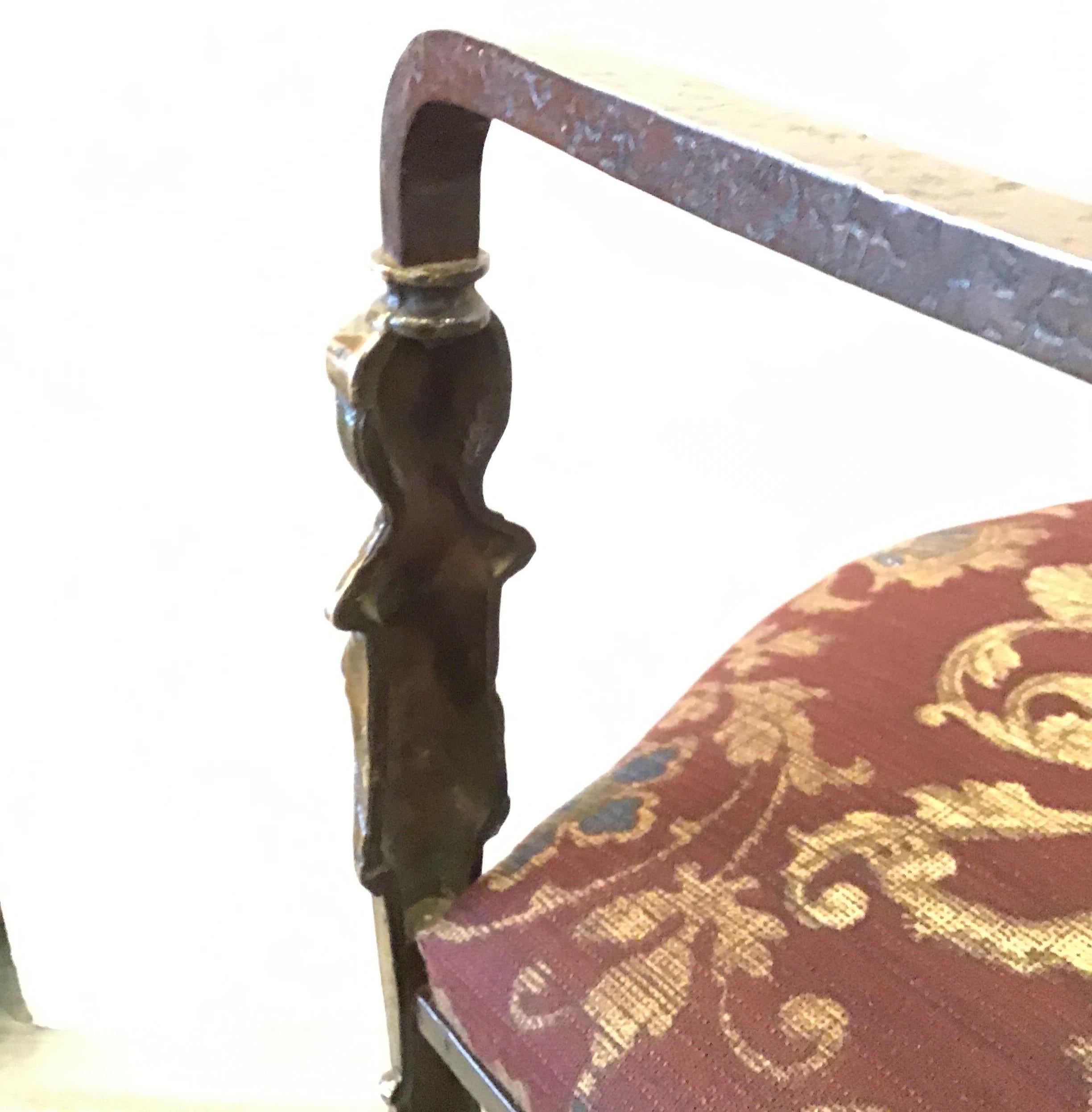Handmade Wrought Iron & Burnished Brass Throne Chair with Armorial Fabric, 1890s For Sale 10