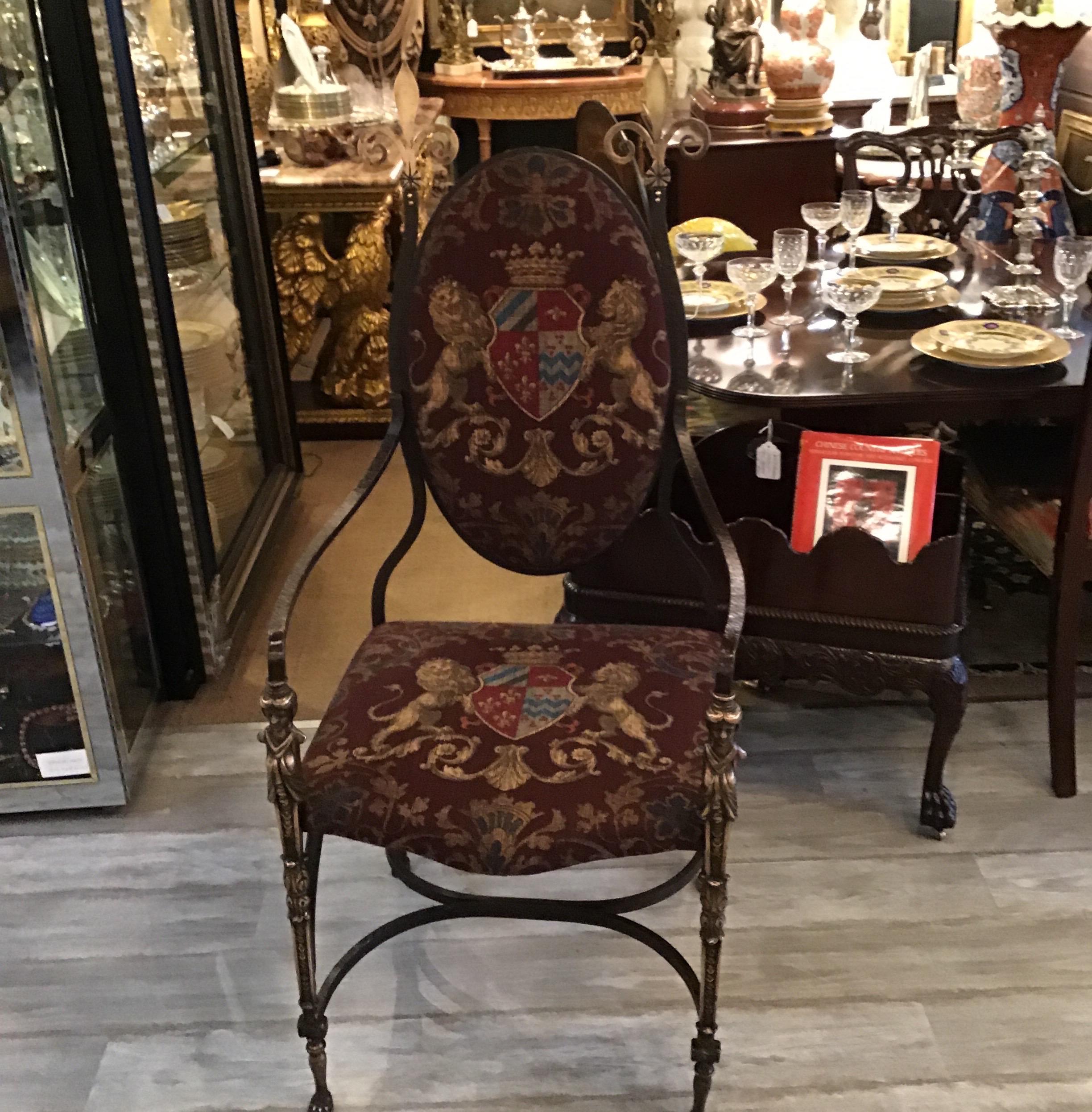 Handmade Wrought Iron & Burnished Brass Throne Chair with Armorial Fabric, 1890s For Sale 11