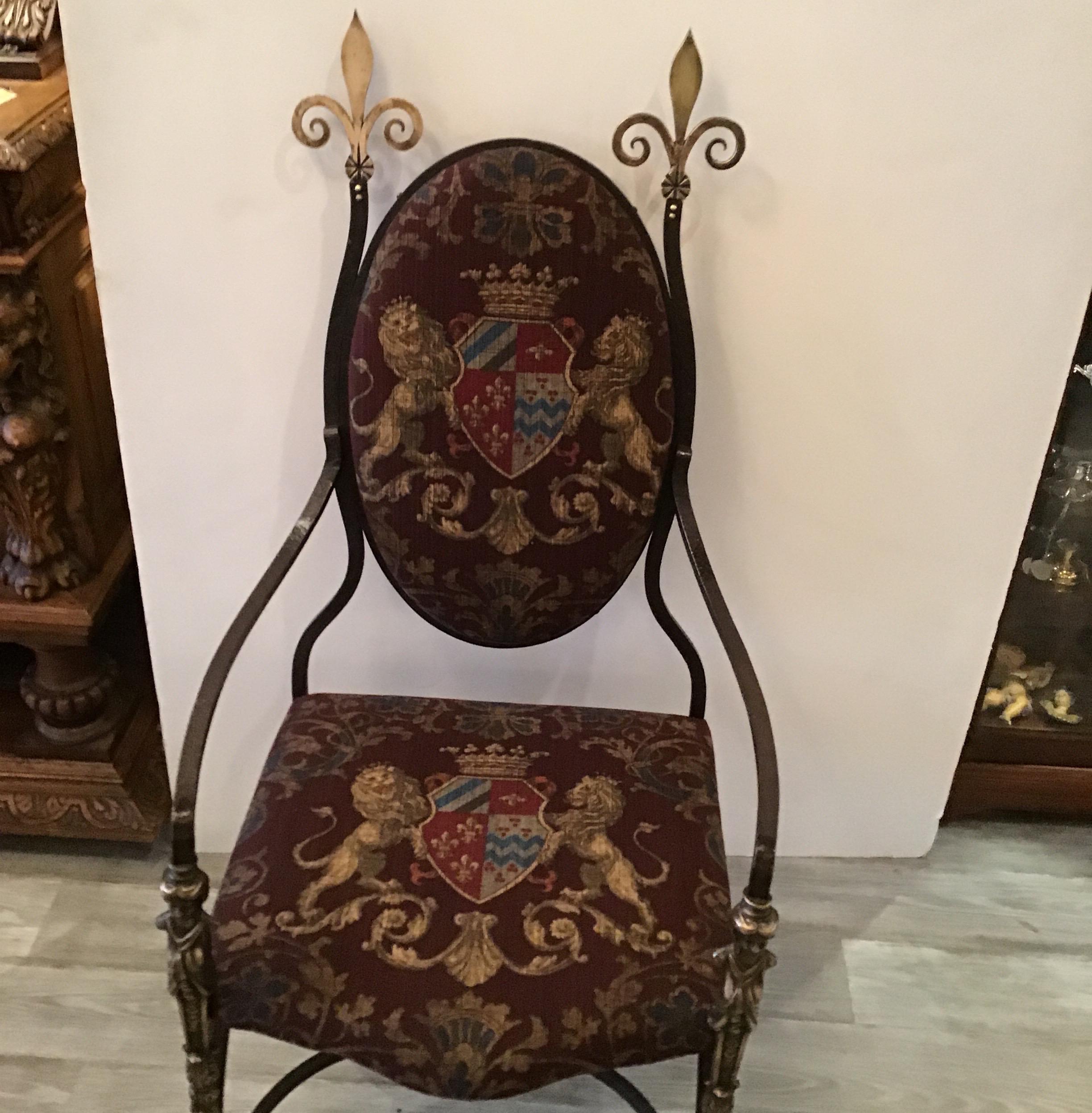 European Handmade Wrought Iron & Burnished Brass Throne Chair with Armorial Fabric, 1890s For Sale