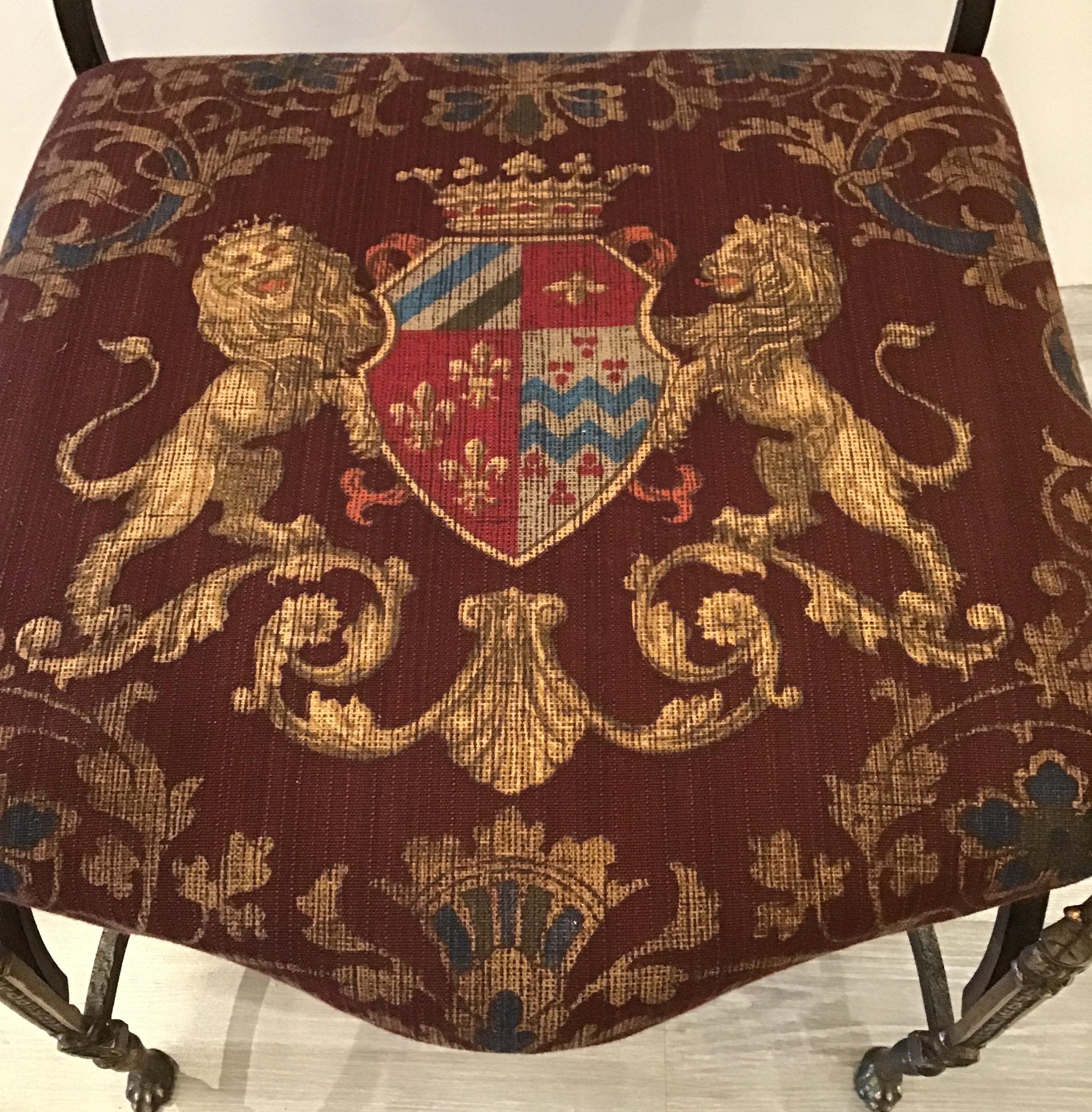 Handmade Wrought Iron & Burnished Brass Throne Chair with Armorial Fabric, 1890s In Good Condition For Sale In Lambertville, NJ