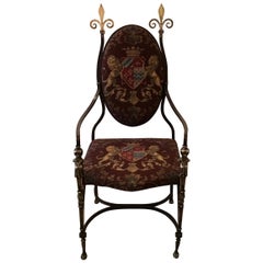 Handmade Wrought Iron & Burnished Brass Throne Chair with Armorial Fabric, 1890s