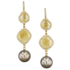 Handmade Yellow Diamond Slice Earrings with Tahitian Pearls