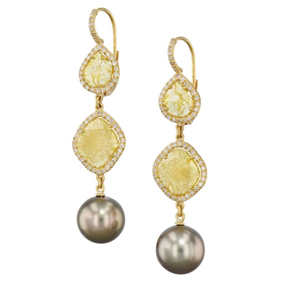 Modern Handmade Yellow Diamond Slice Earrings with Tahitian Pearls For Sale