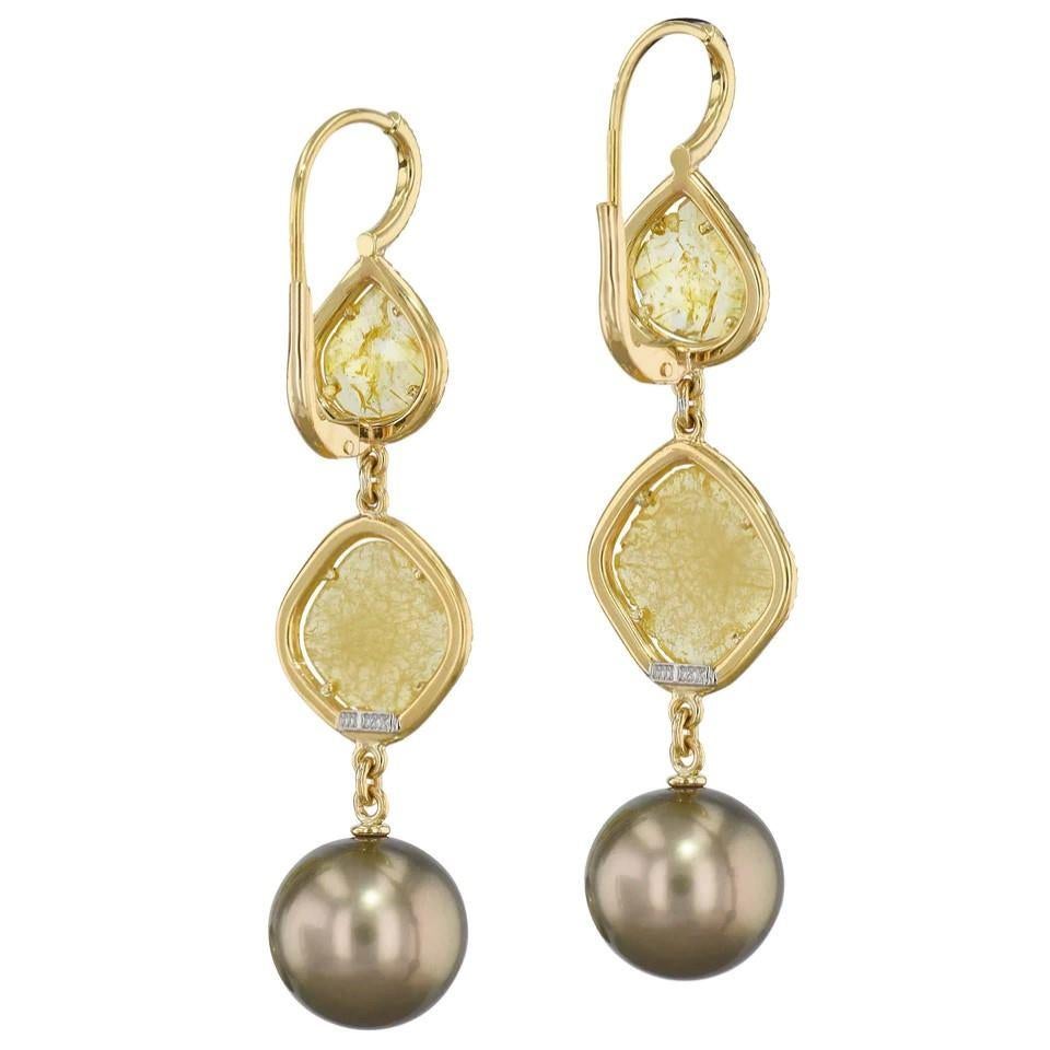 Handmade Yellow Diamond Slice Earrings with Tahitian Pearls In New Condition For Sale In Miami, FL