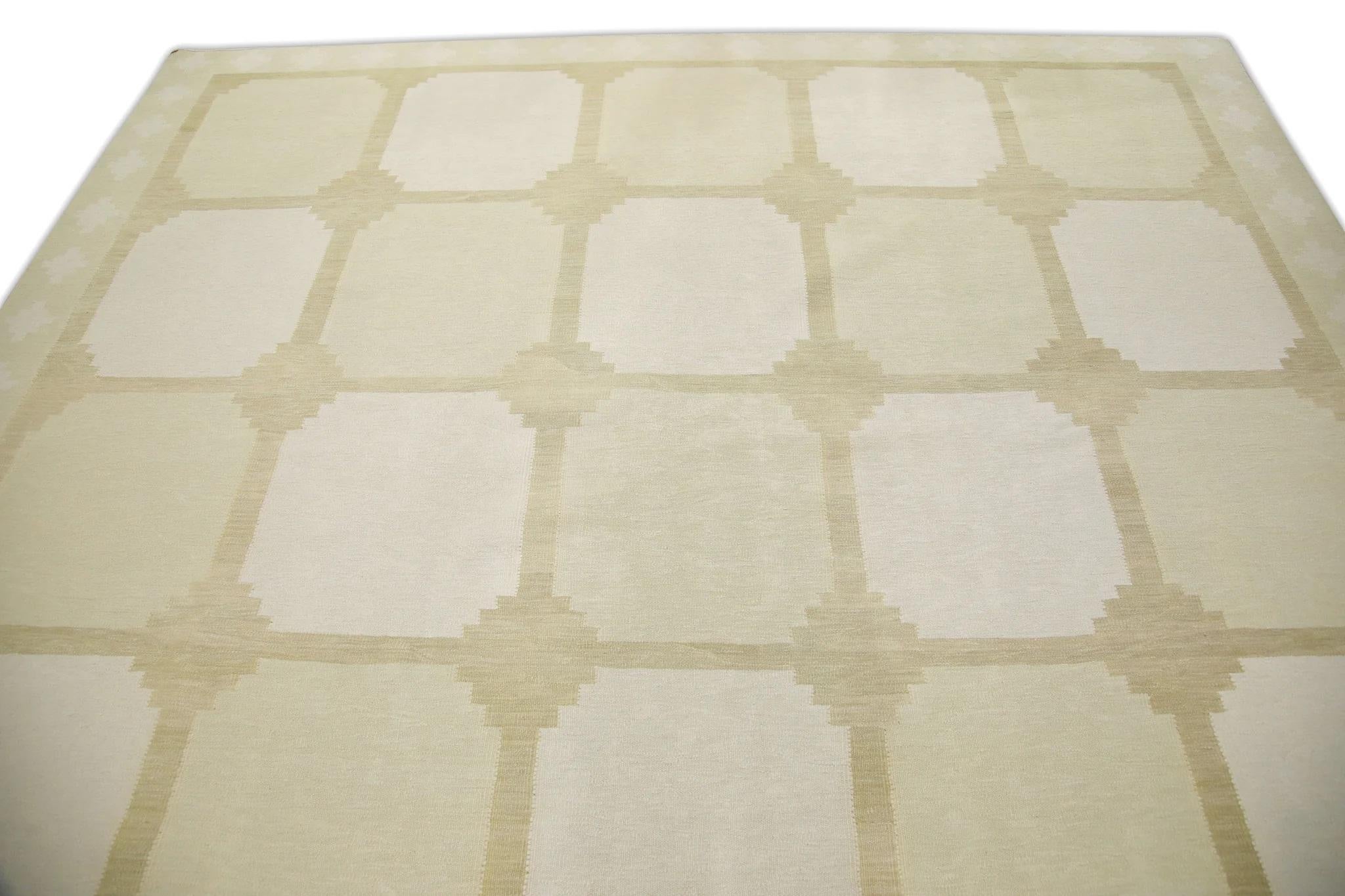 Alfombra de lana turca de tejido plano geométrico amarillo hecha a mano 10' X 14'3 Teñido con vegetales en venta