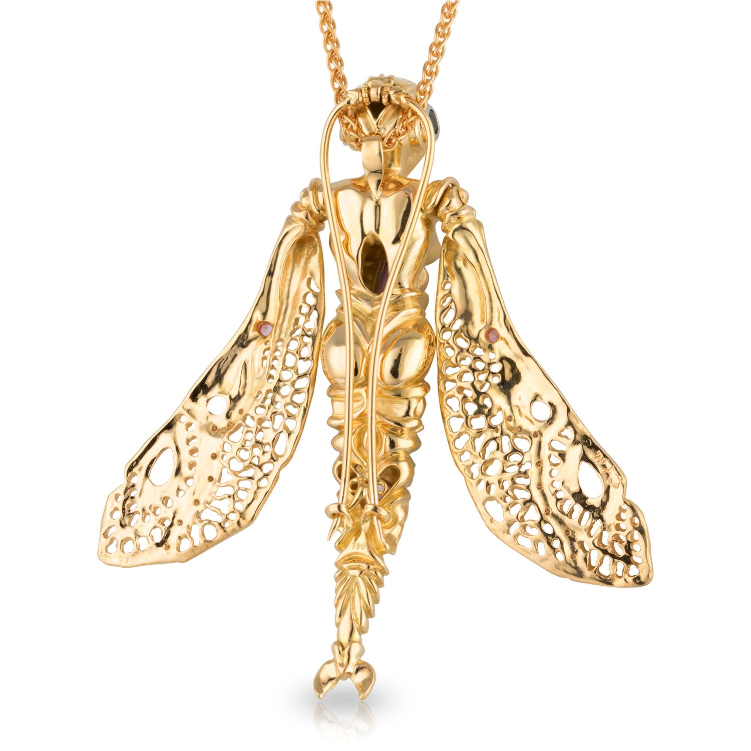 Handmade 18ct Yellow Gold Dragonfly Lady Pendant/Brooch For Sale at