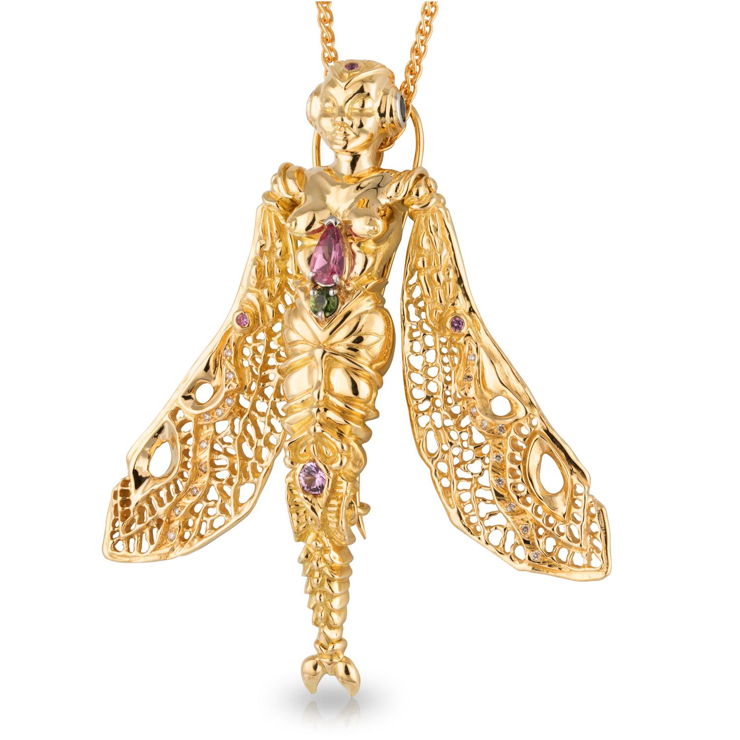 Handmade 18ct Yellow Gold Dragonfly Lady Pendant/Brooch For Sale at