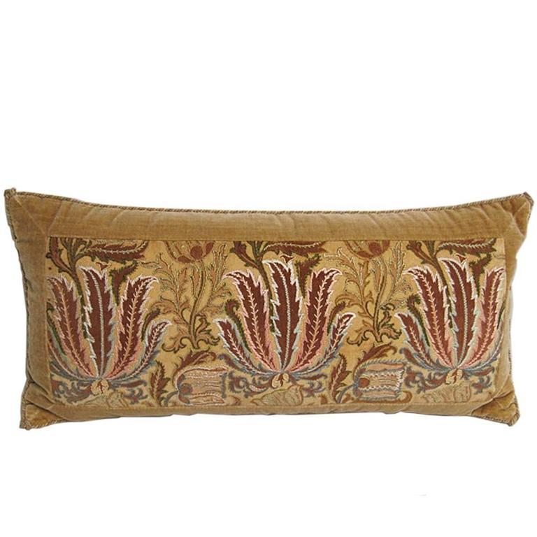 Contemporary Handmade Yellow Velvet Pillow with 19th Century Silk Embroidered Panel