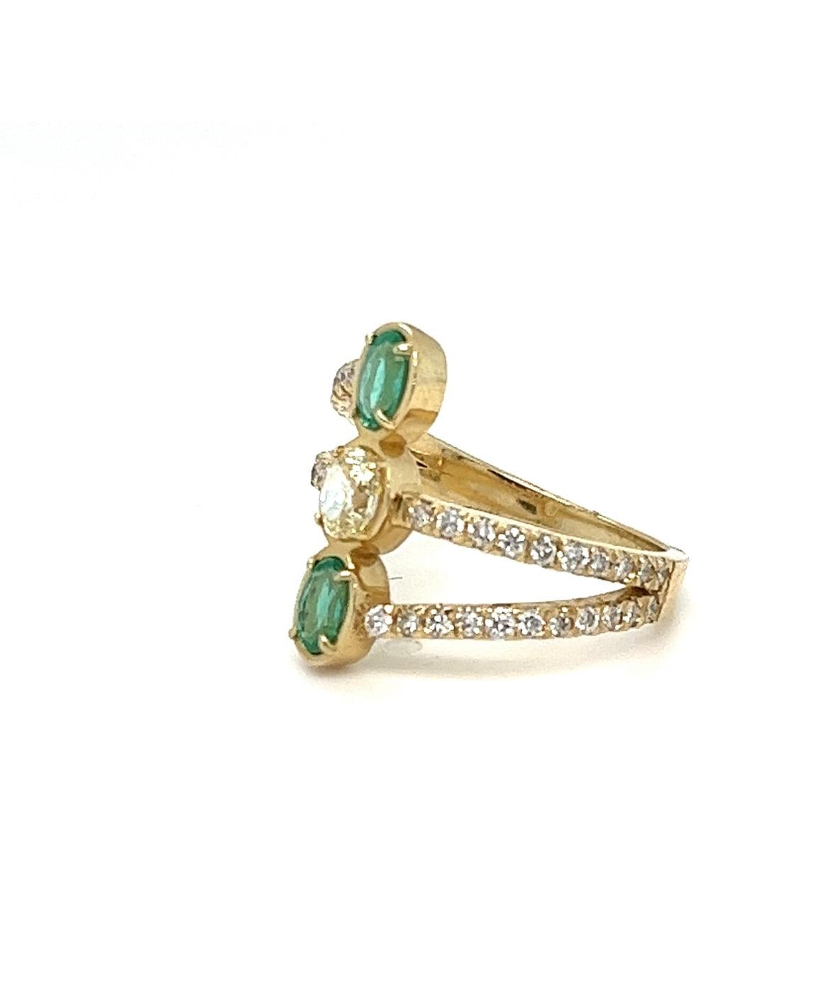 Handmade Yellow, White Diamonds and Emerald Trendy ring. For Sale 4