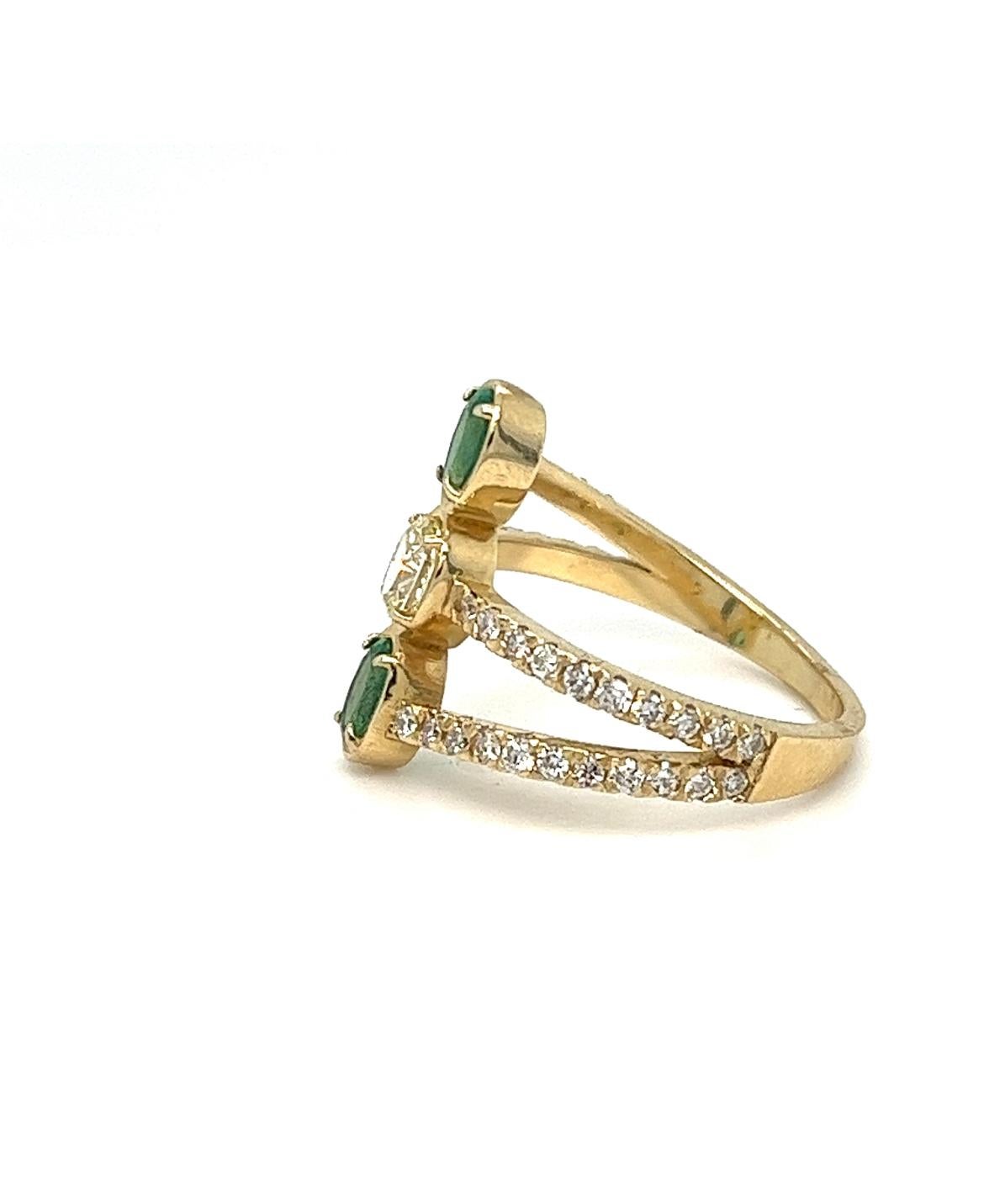 Handmade Yellow, White Diamonds and Emerald Trendy ring. For Sale 5